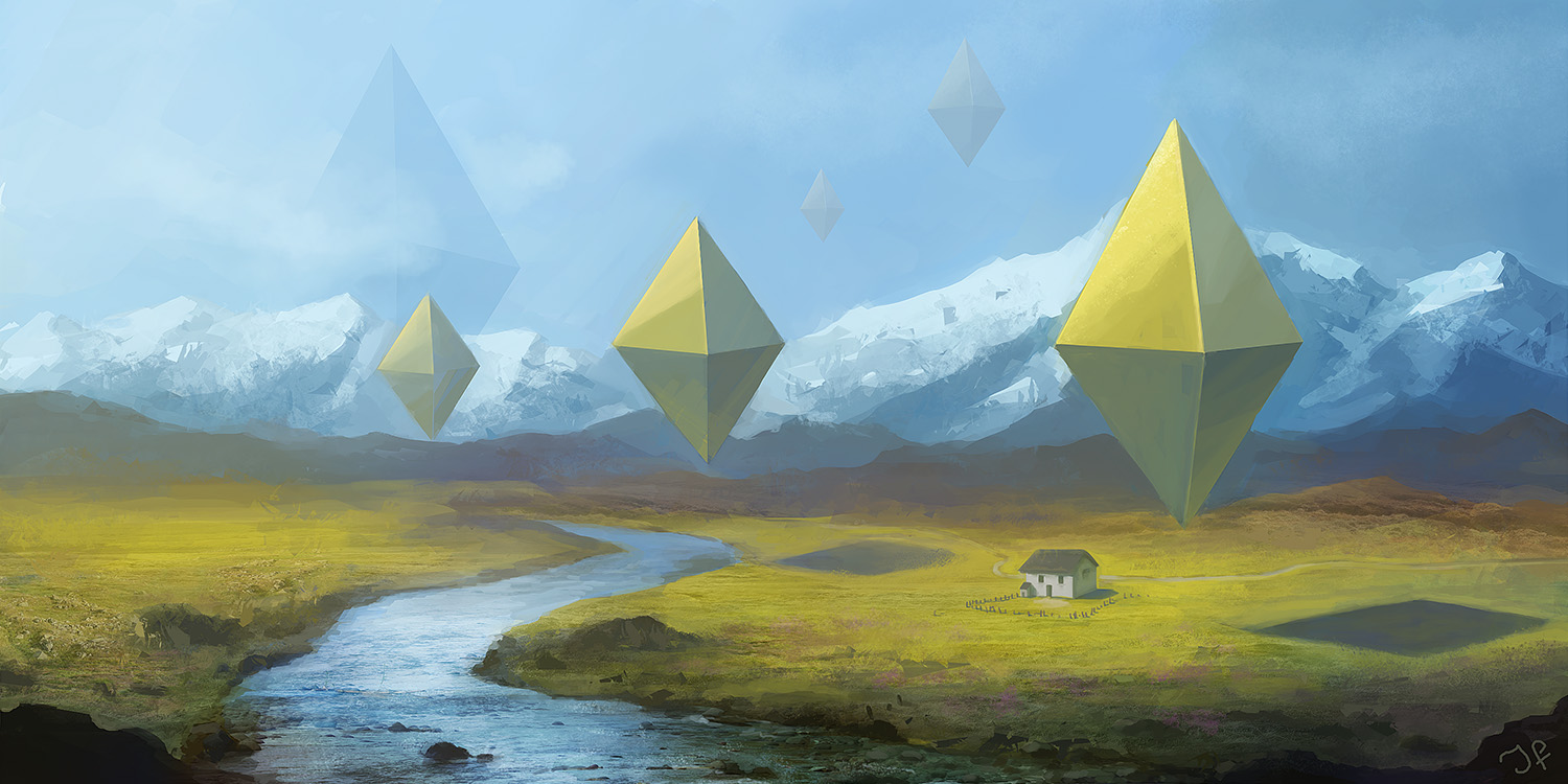 environment concept of floating diamonds above a landscape