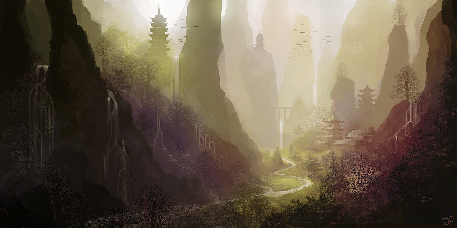 mountains dotted with pagodas and waterfalls